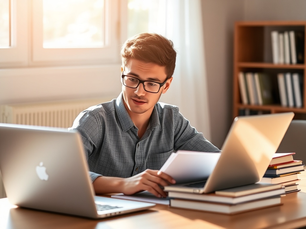 노트북과 전공 서적이 펼쳐진 책상에서 집중하여 자격증 시험을 준비하는 수험생의 모습