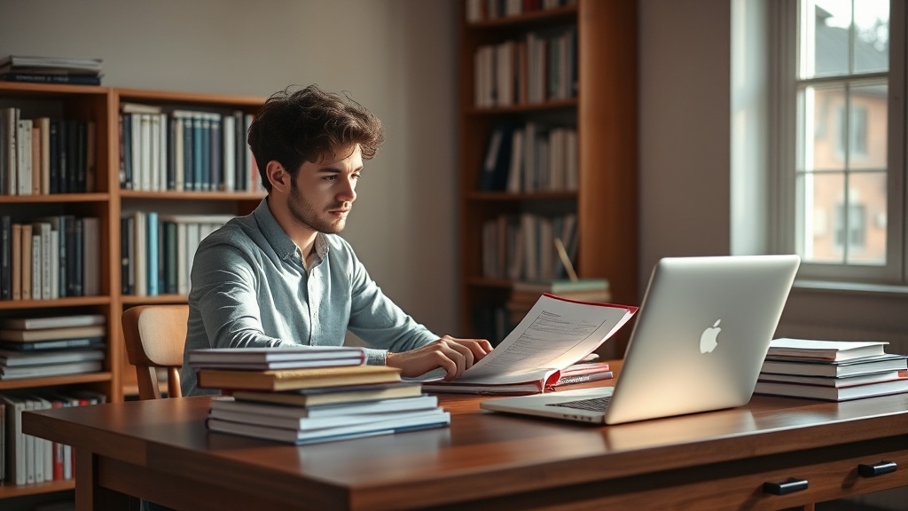 조용한 서재에서 수험생이 두꺼운 자격증 수험서와 노트북을 활용해 자신만의 학습 계획을 세우고 있는 모습