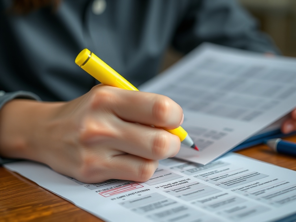 오답 노트를 정리하며 형광펜으로 틀린 이유를 꼼꼼하게 기록하고 있는 수험생의 손