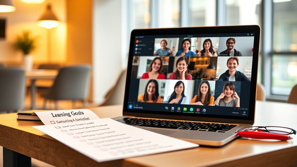 노트북 화면 속에 여러 명의 스터디원이 각자 공부하는 모습이 보이고, 화면 옆에는 오늘 달성해야 할 학습 목표 체크리스트가 놓여 있는 책상 풍경