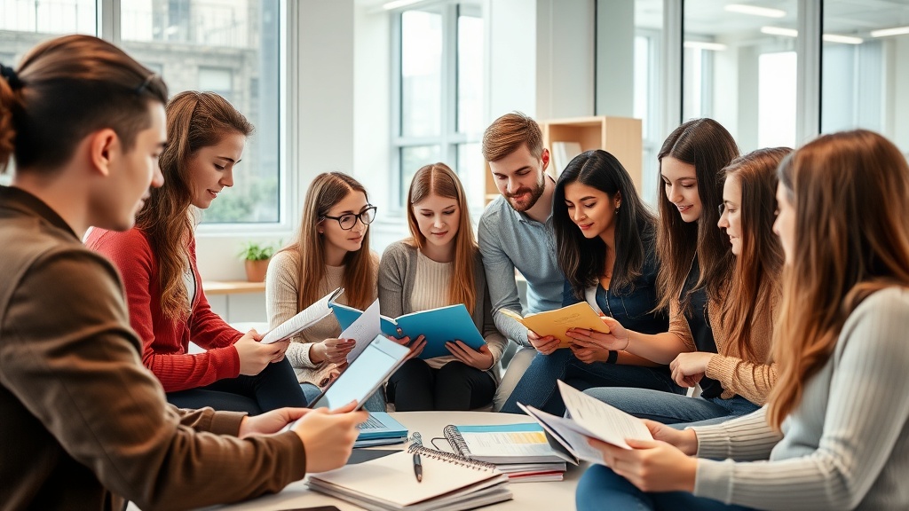 밝은 회의실에서 다양한 연령대의 수험생들이 각자의 자격증 교재를 참고하며 핵심 개념에 대해 열띤 토론을 벌이는 모습