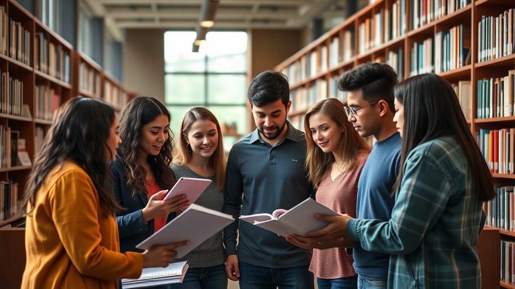 도서관에 모여 서로의 의견을 나누며 시너지 효과를 내고 있는 스터디 그룹 멤버들의 모습